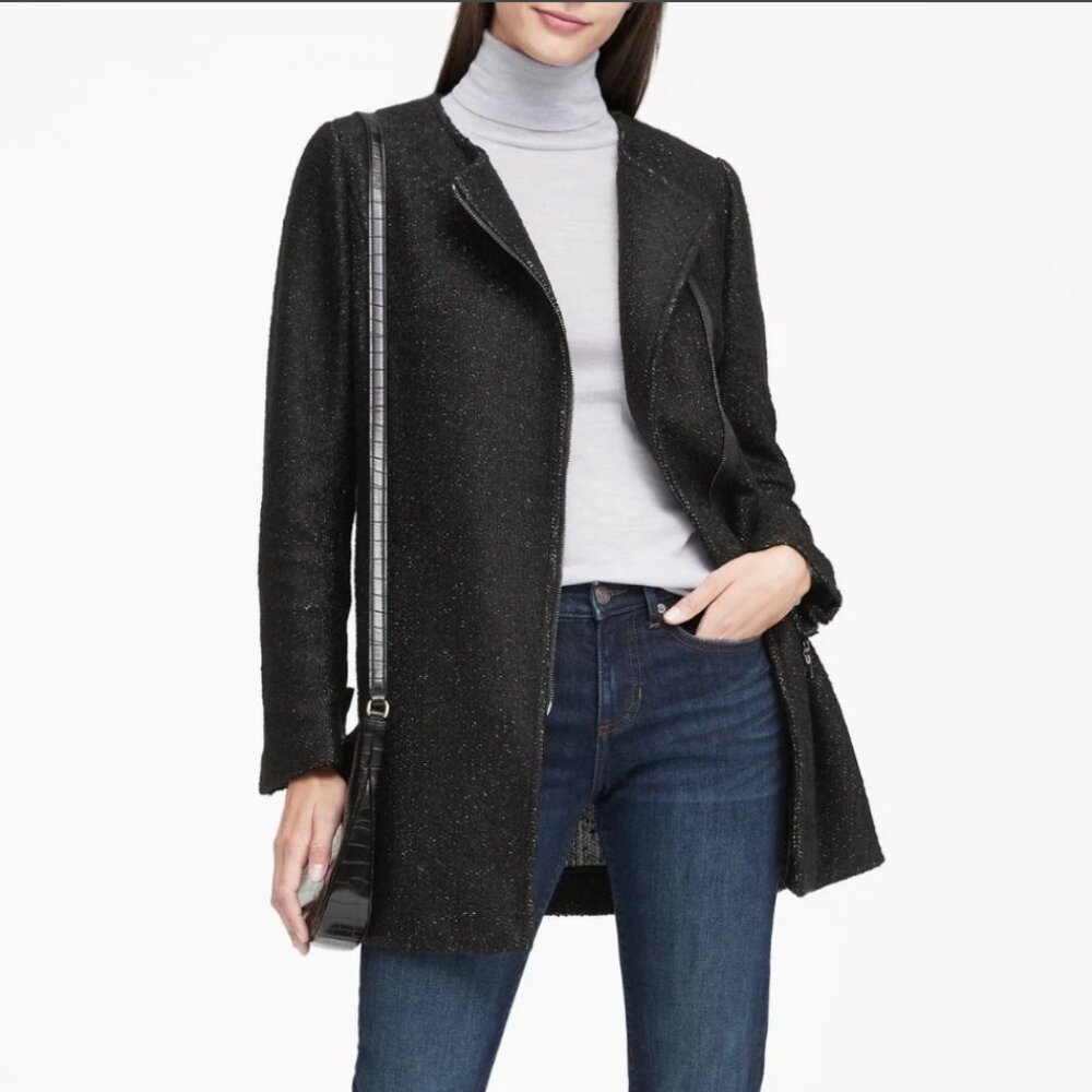 Banana Republic Jacket XS Coat Moto Tweed Boucle Asymmetrical Zip Collarless